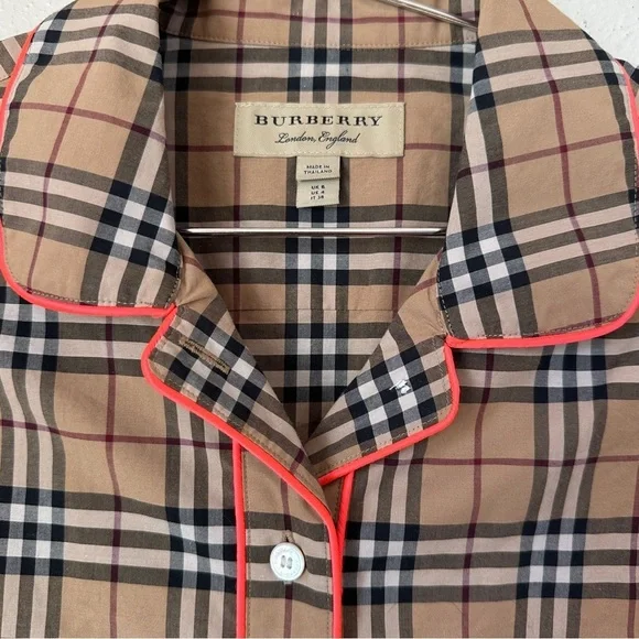 Burberry Tan Plaid Button-Up Shirt with Pink Trim Detail - Picture 2 of 13
